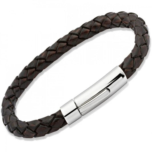 Dark Brown Leather Bracelet with Stainless Steel Clasp - 19cm