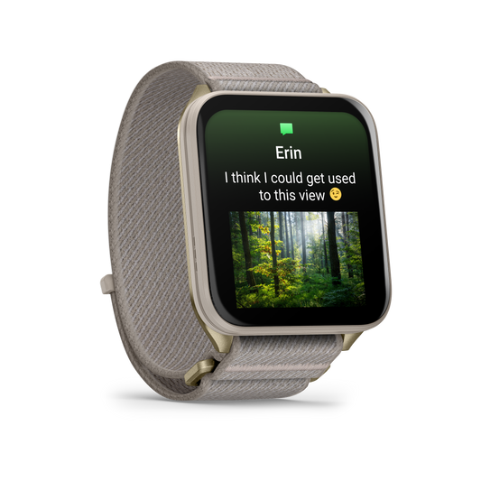 Garmin Venu X1 Soft Gold with Titanium Caseback and French Grey Nylon Band