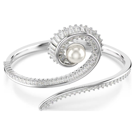Ariana Grande x Swarovski bangle, Crystal pearl, Baguette cut, White, Rhodium plated