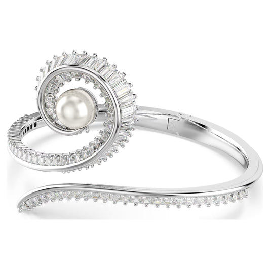 Ariana Grande x Swarovski bangle, Crystal pearl, Baguette cut, White, Rhodium plated