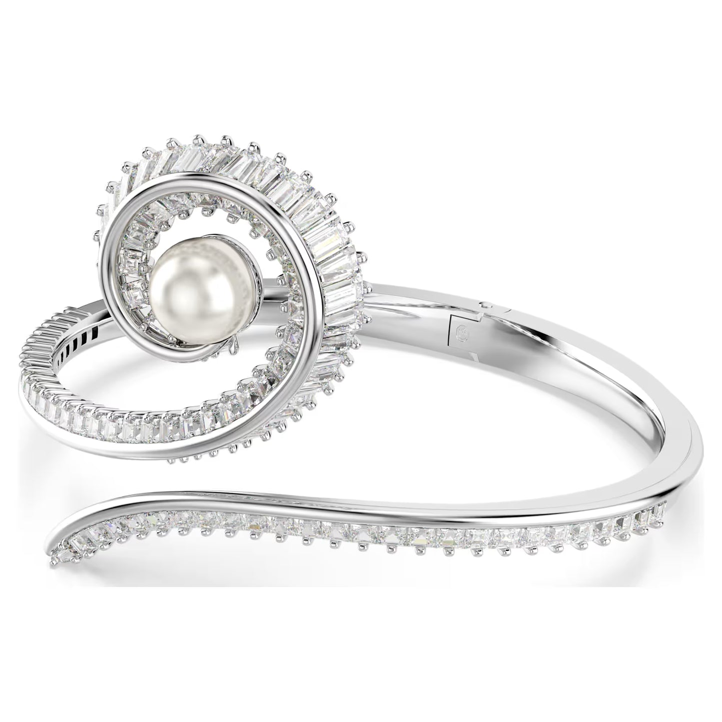 Ariana Grande x Swarovski bangle, Crystal pearl, Baguette cut, White, Rhodium plated