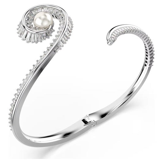 Ariana Grande x Swarovski bangle, Crystal pearl, Baguette cut, White, Rhodium plated