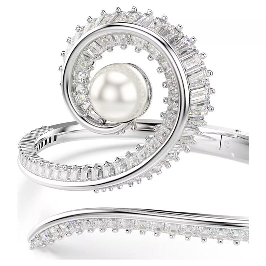 Ariana Grande x Swarovski bangle, Crystal pearl, Baguette cut, White, Rhodium plated
