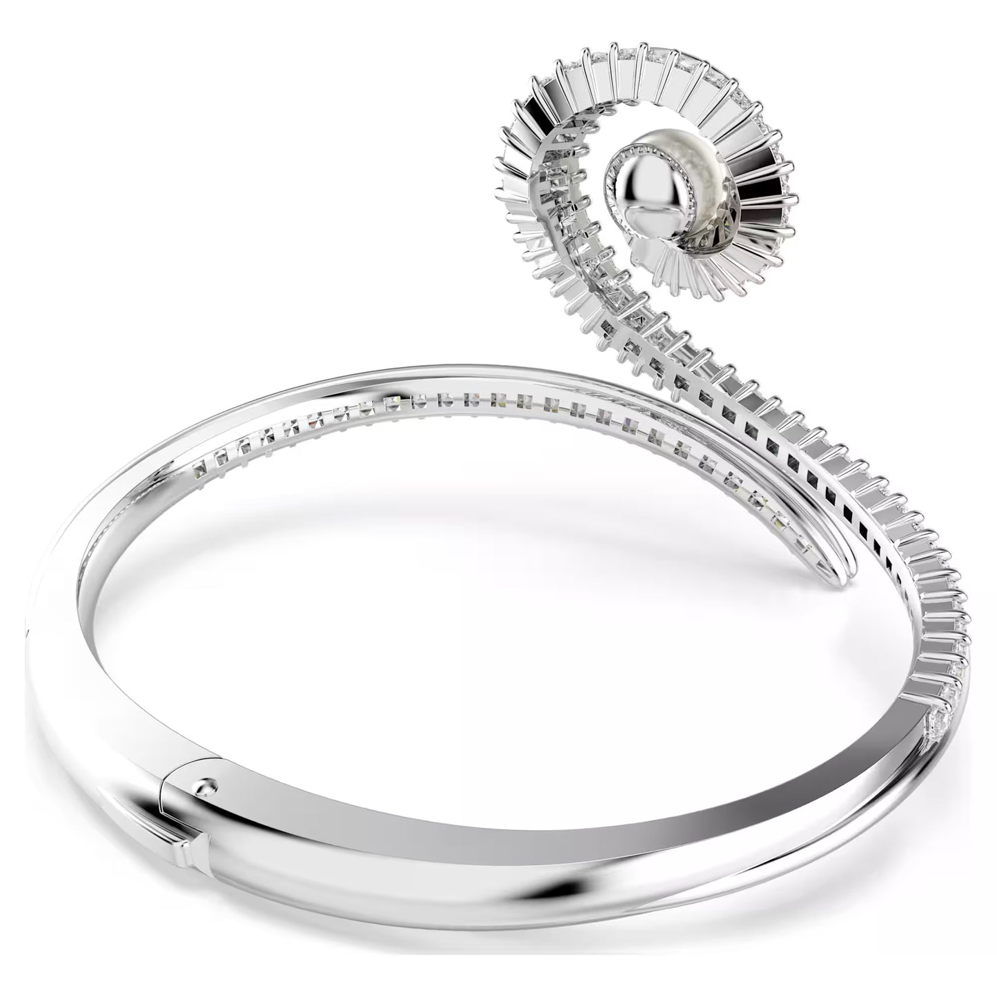 Ariana Grande x Swarovski bangle, Crystal pearl, Baguette cut, White, Rhodium plated
