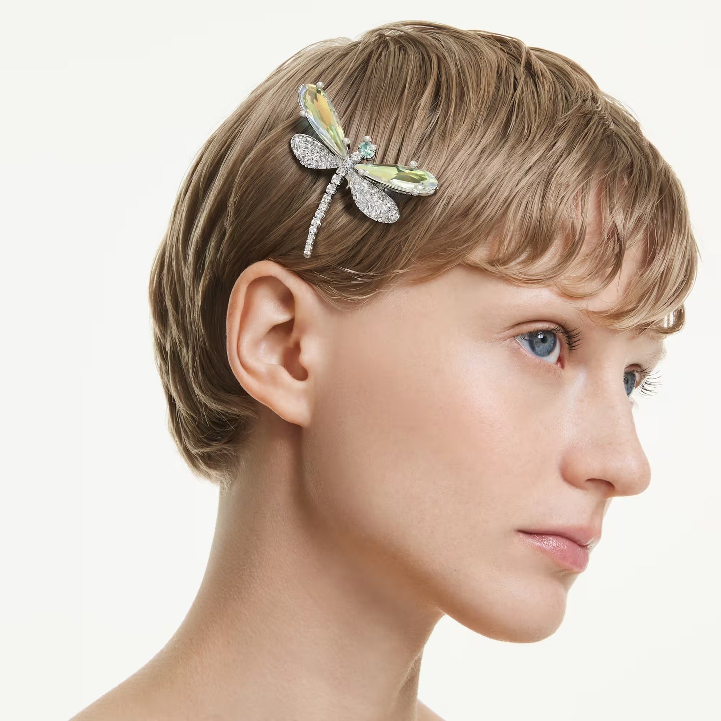 Ariana Grande x Swarovski brooch and hair accessory,Crystal pearl, Mixed cuts, Dragonfly, White, Rhodium plated
