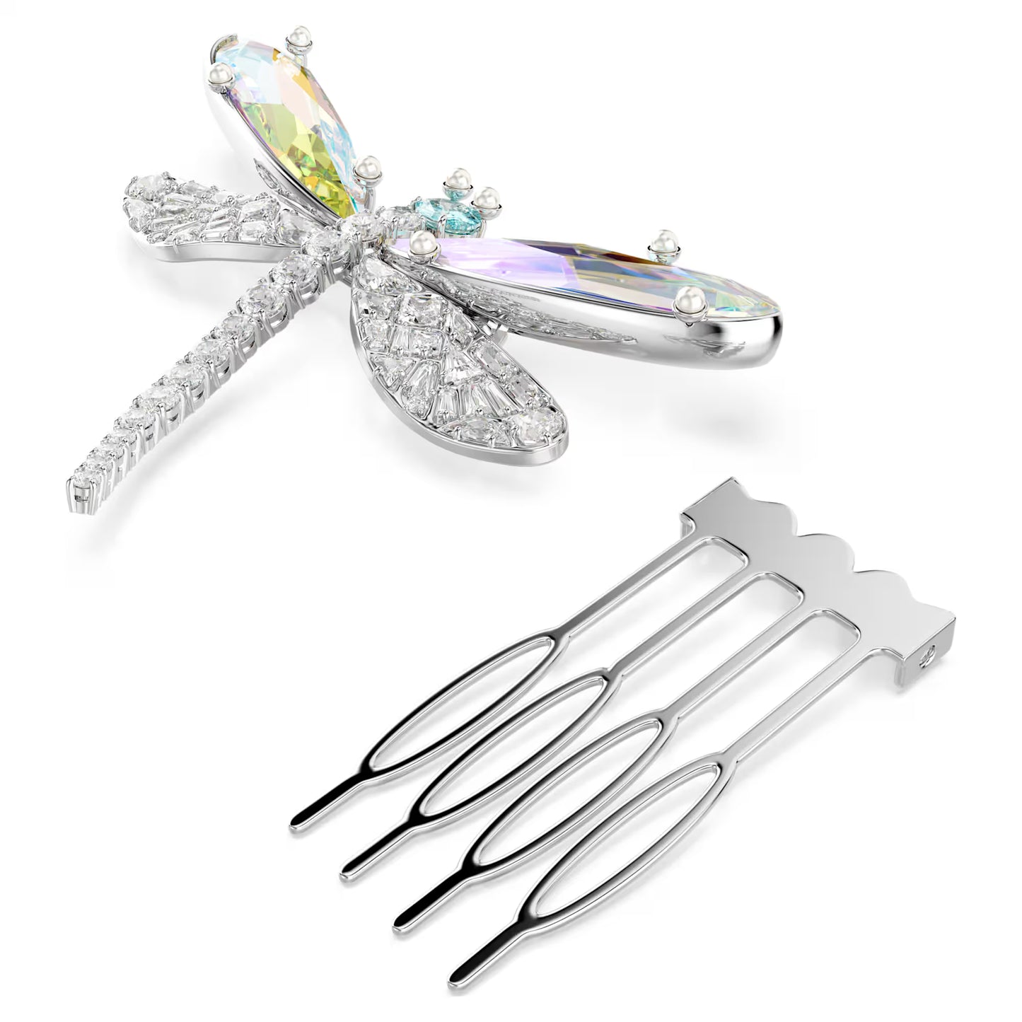 Ariana Grande x Swarovski brooch and hair accessory,Crystal pearl, Mixed cuts, Dragonfly, White, Rhodium plated