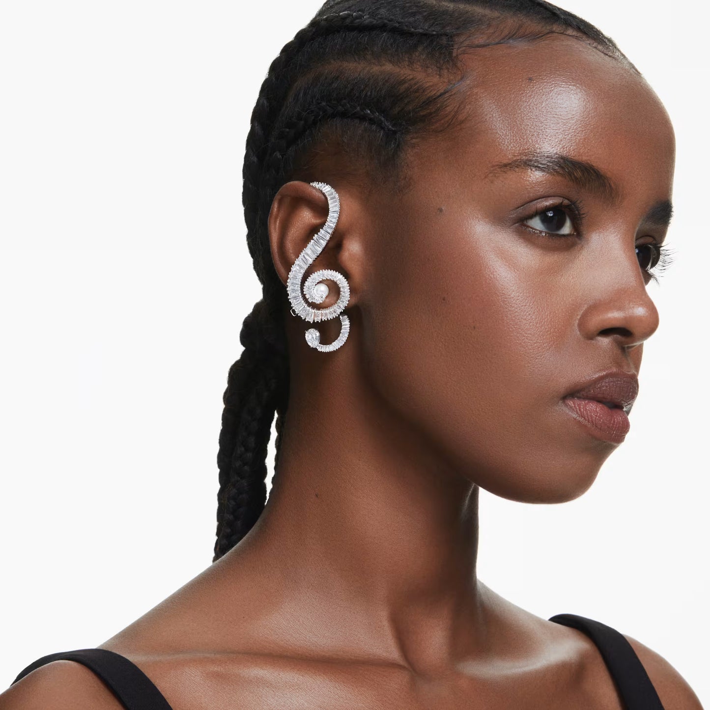 Ariana Grande x Swarovski clip earrings, Asymmetrical design, Crystal pearl, Baguette cut, White, Rhodium plated