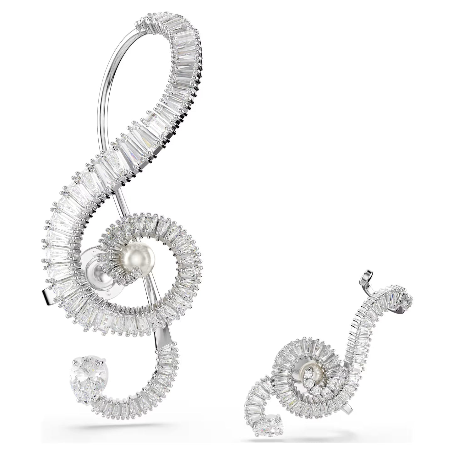 Ariana Grande x Swarovski clip earrings, Asymmetrical design, Crystal pearl, Baguette cut, White, Rhodium plated