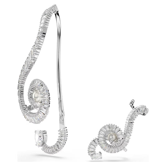 Ariana Grande x Swarovski clip earrings, Asymmetrical design, Crystal pearl, Baguette cut, White, Rhodium plated