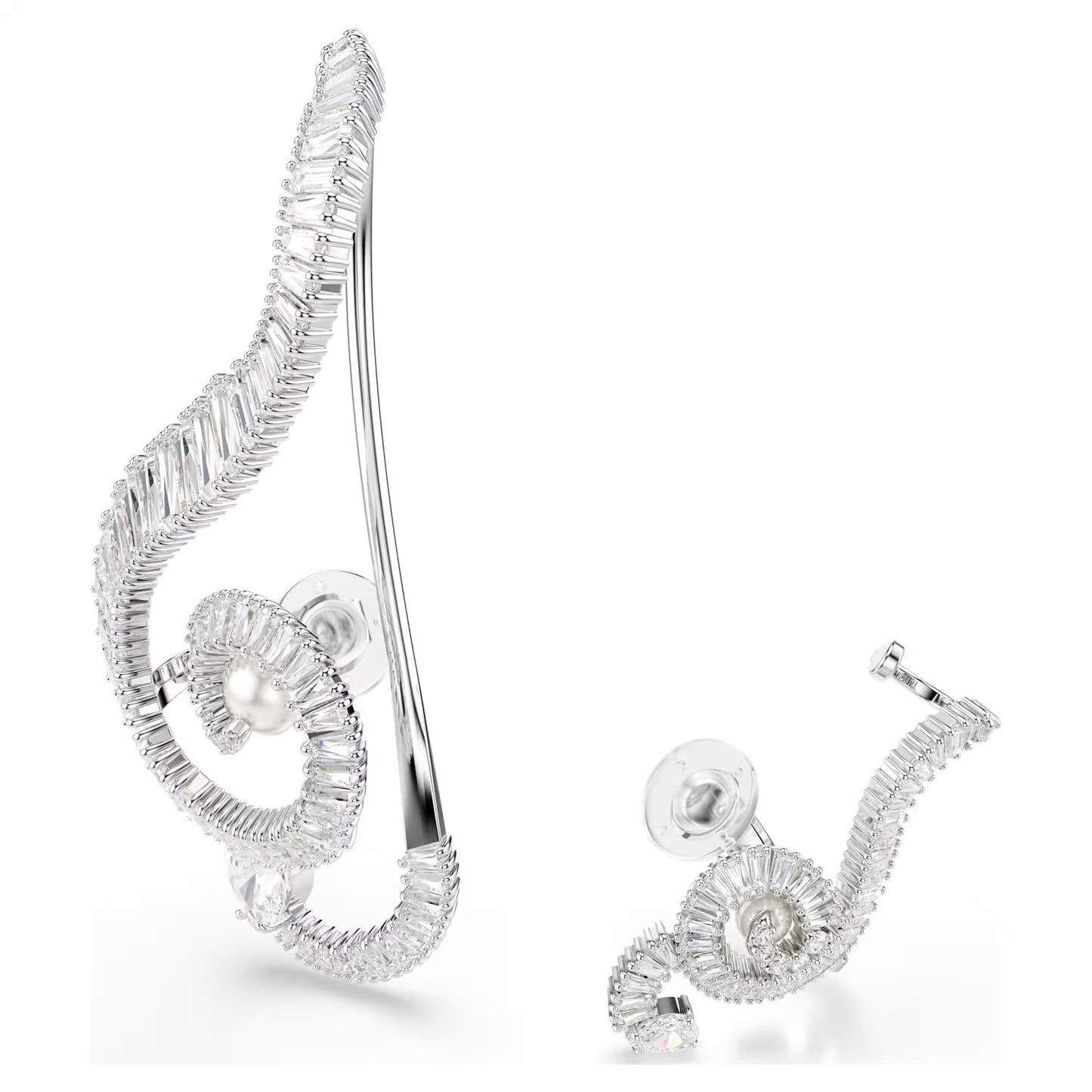 Ariana Grande x Swarovski clip earrings, Asymmetrical design, Crystal pearl, Baguette cut, White, Rhodium plated