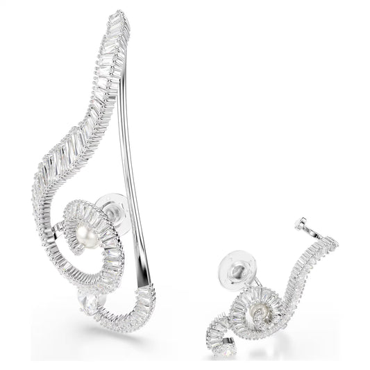 Ariana Grande x Swarovski clip earrings, Asymmetrical design, Crystal pearl, Baguette cut, White, Rhodium plated