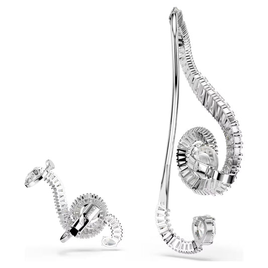 Ariana Grande x Swarovski clip earrings, Asymmetrical design, Crystal pearl, Baguette cut, White, Rhodium plated