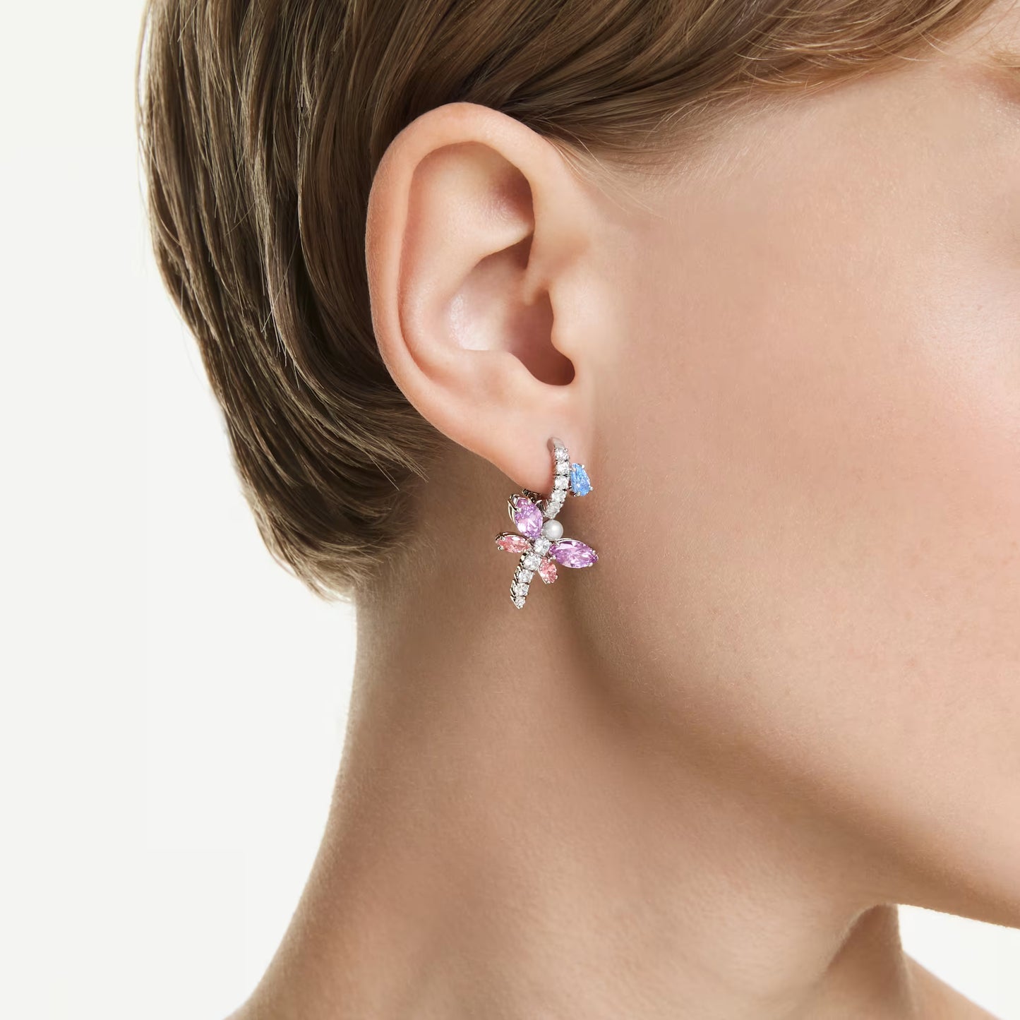 Ariana Grande x Swarovski drop earrings, Mixed cuts, Dragonfly, Multicolored, Rhodium plated