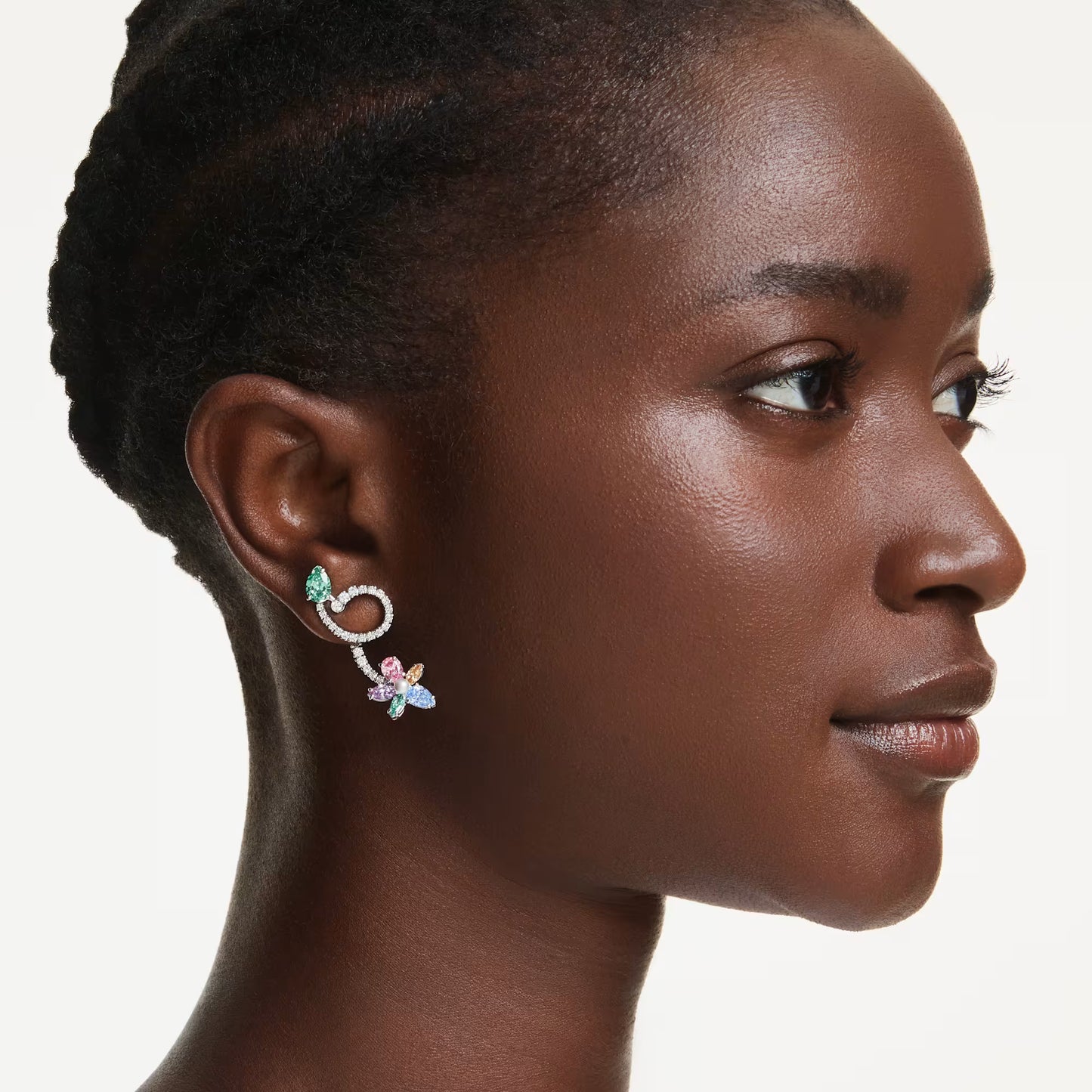 Ariana Grande x Swarovski drop earrings with ear jacket, Mixed cuts, Dragonfly, Flower, Multicolored