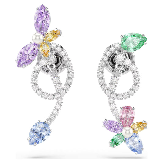 Ariana Grande x Swarovski drop earrings with ear jacket, Mixed cuts, Dragonfly, Flower, Multicolored