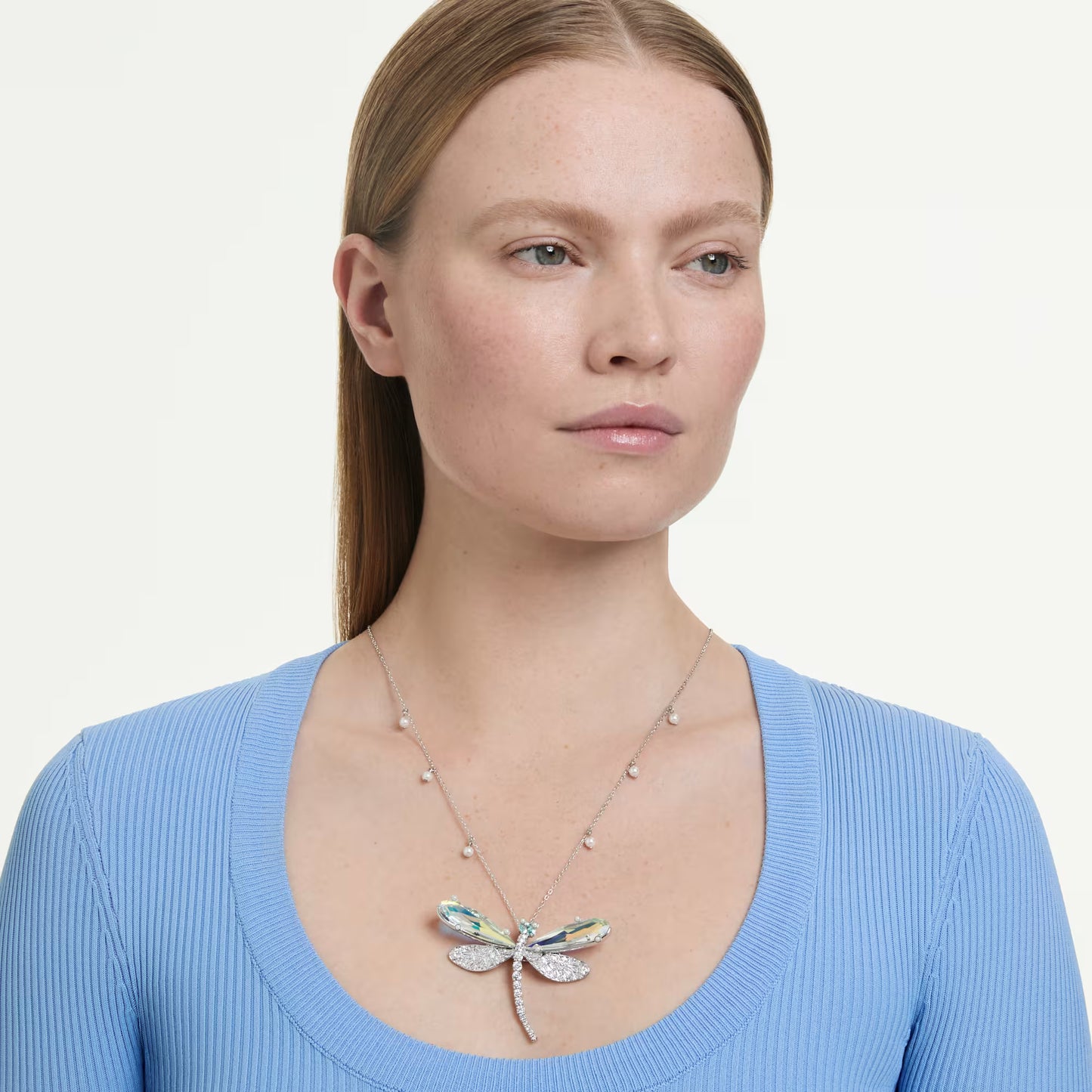 Ariana Grande x Swarovski pendant and brooch, Crystal pearl, Mixed cuts, Dragonfly, White, Rhodium plated