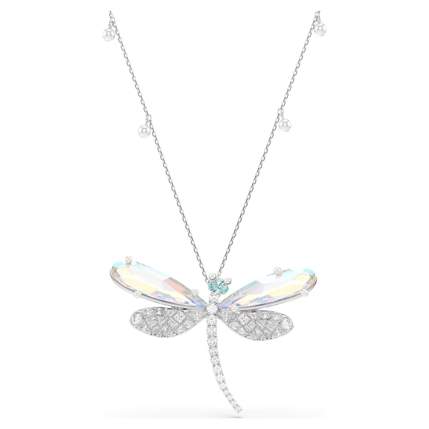 Ariana Grande x Swarovski pendant and brooch, Crystal pearl, Mixed cuts, Dragonfly, White, Rhodium plated