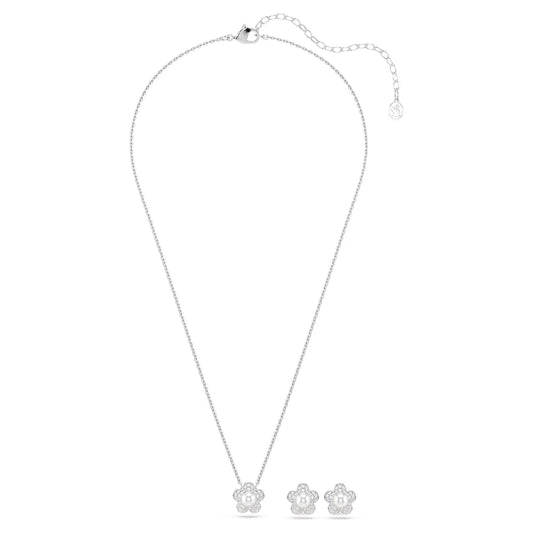 Ariana Grande x Swarovski set, Crystal pearl, Round cut, Flower, White, Rhodium plated