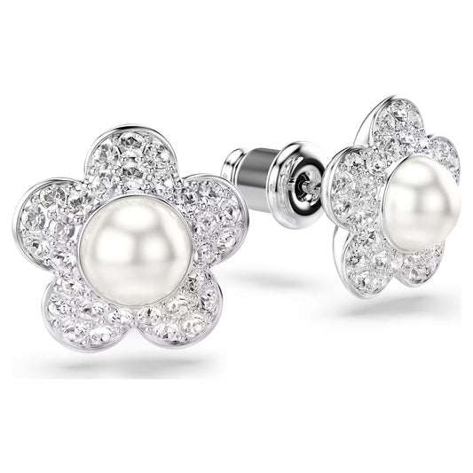 Ariana Grande x Swarovski stud earrings, Round cut, Flower, White, Rhodium plated