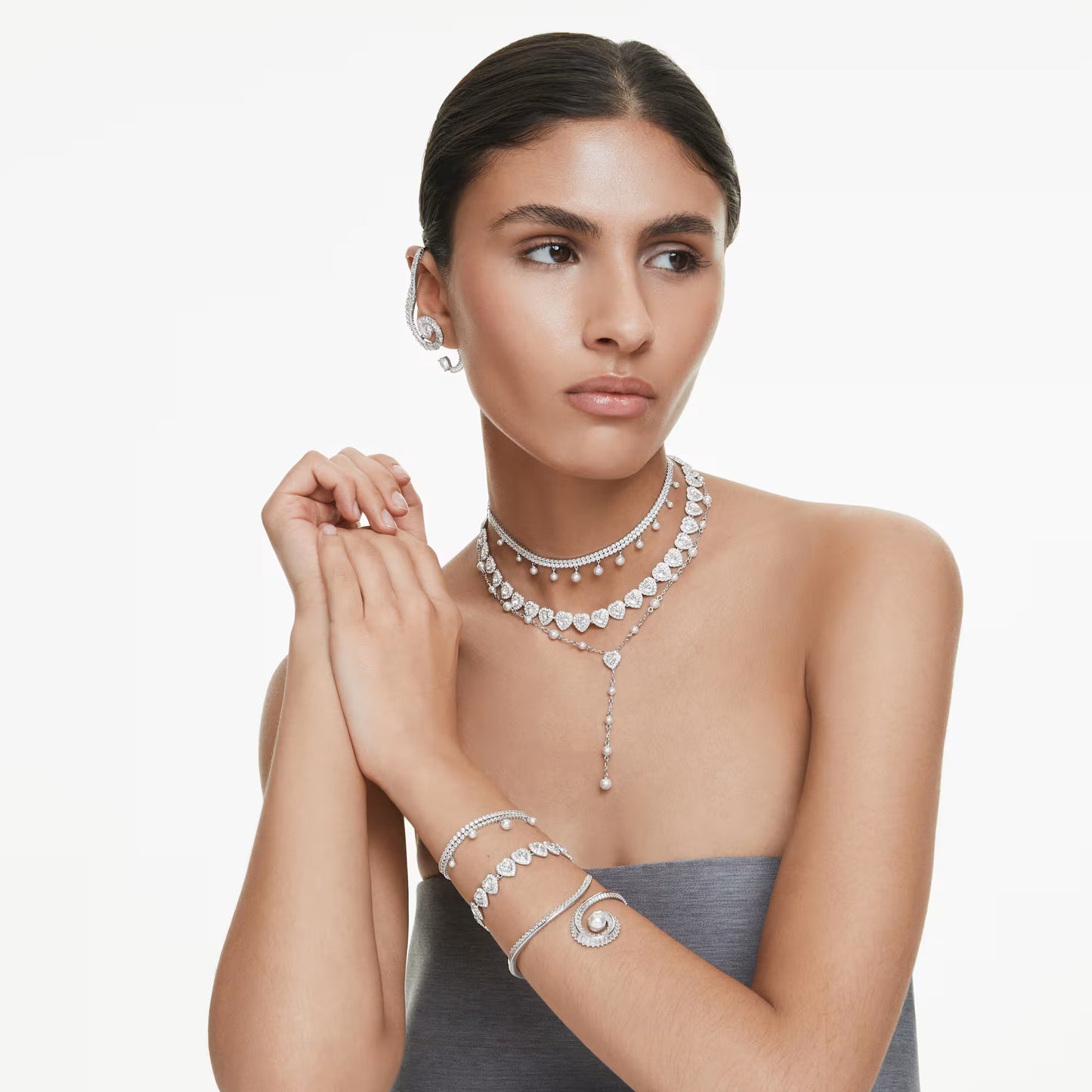 Ariana Grande x Swarovski bangle, Crystal pearl, Baguette cut, White, Rhodium plated