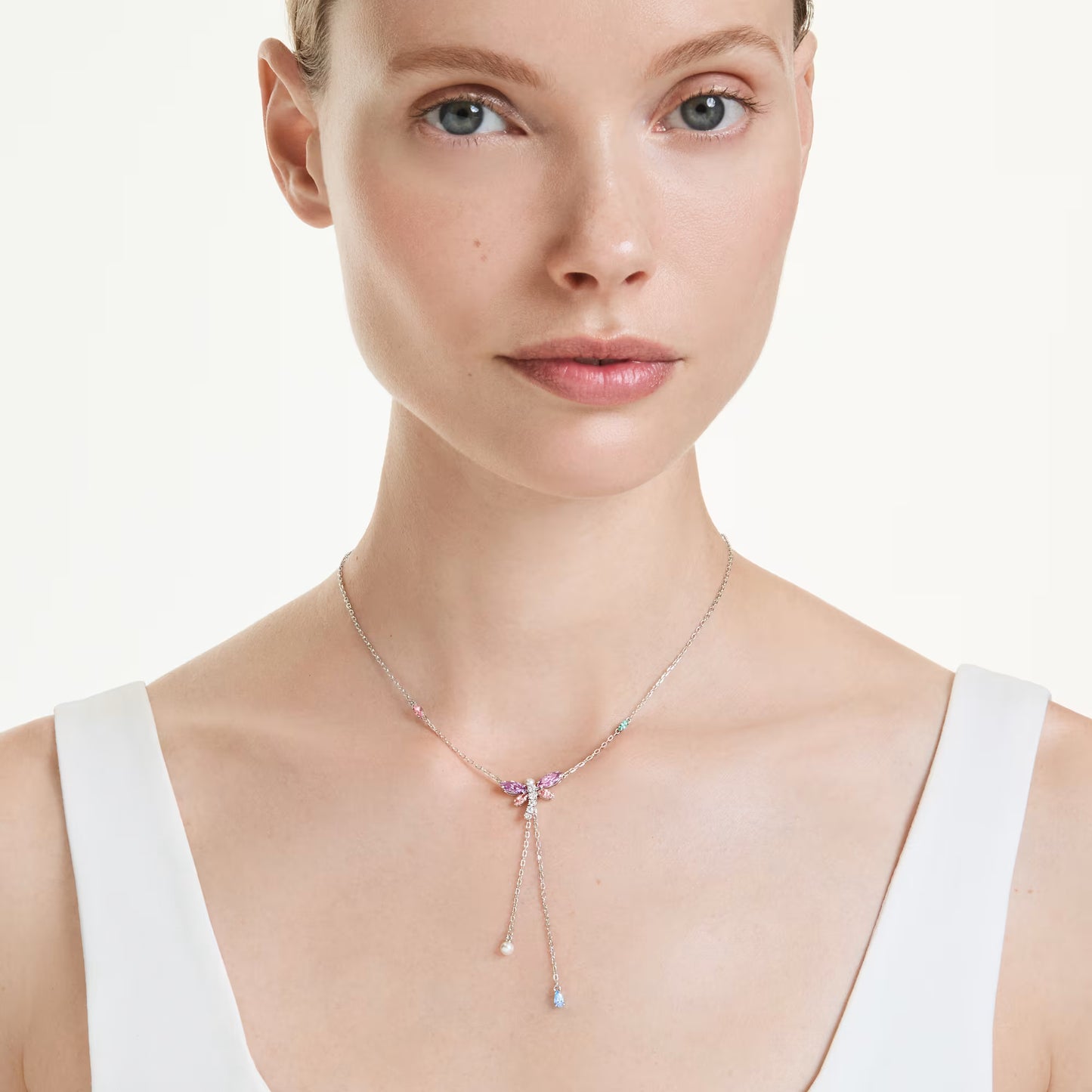 Ariana Grande x Swarovski Y necklace, Mixed cuts, Dragonfly, Multicolored, Rhodium plated