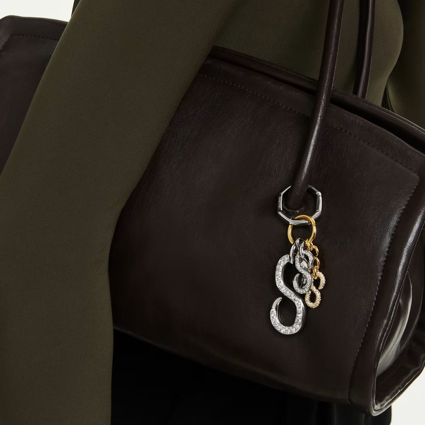 Bag charm, Round cut, White, Mixed metal finish