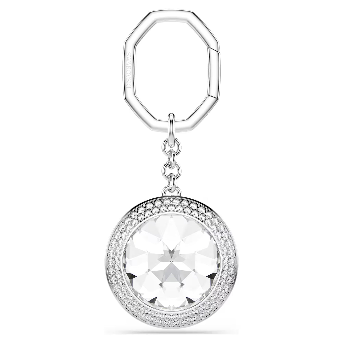 Bag charm, Round cut, White, Rhodium plated