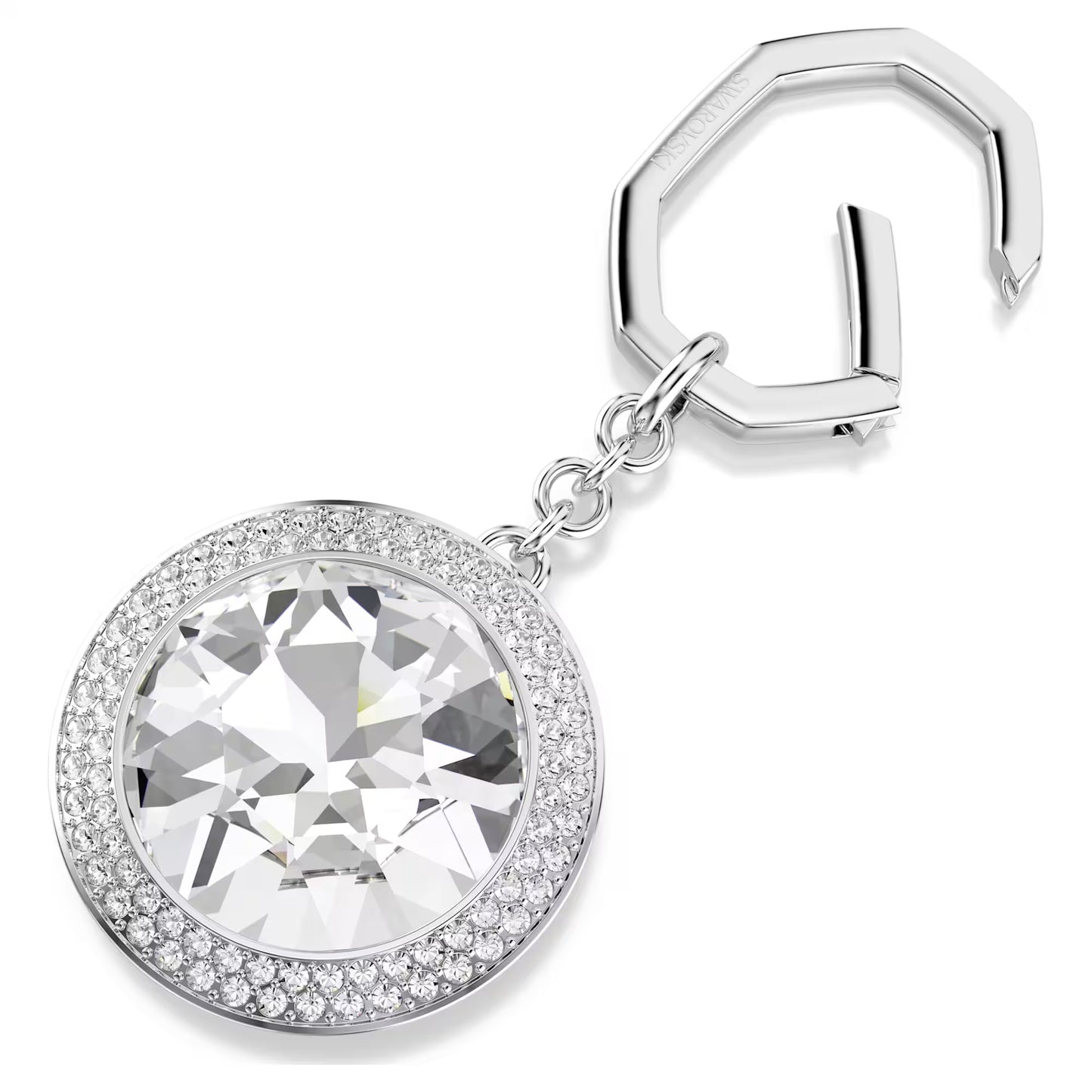 Bag charm, Round cut, White, Rhodium plated