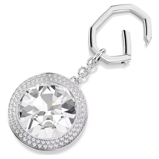 Bag charm, Round cut, White, Rhodium plated
