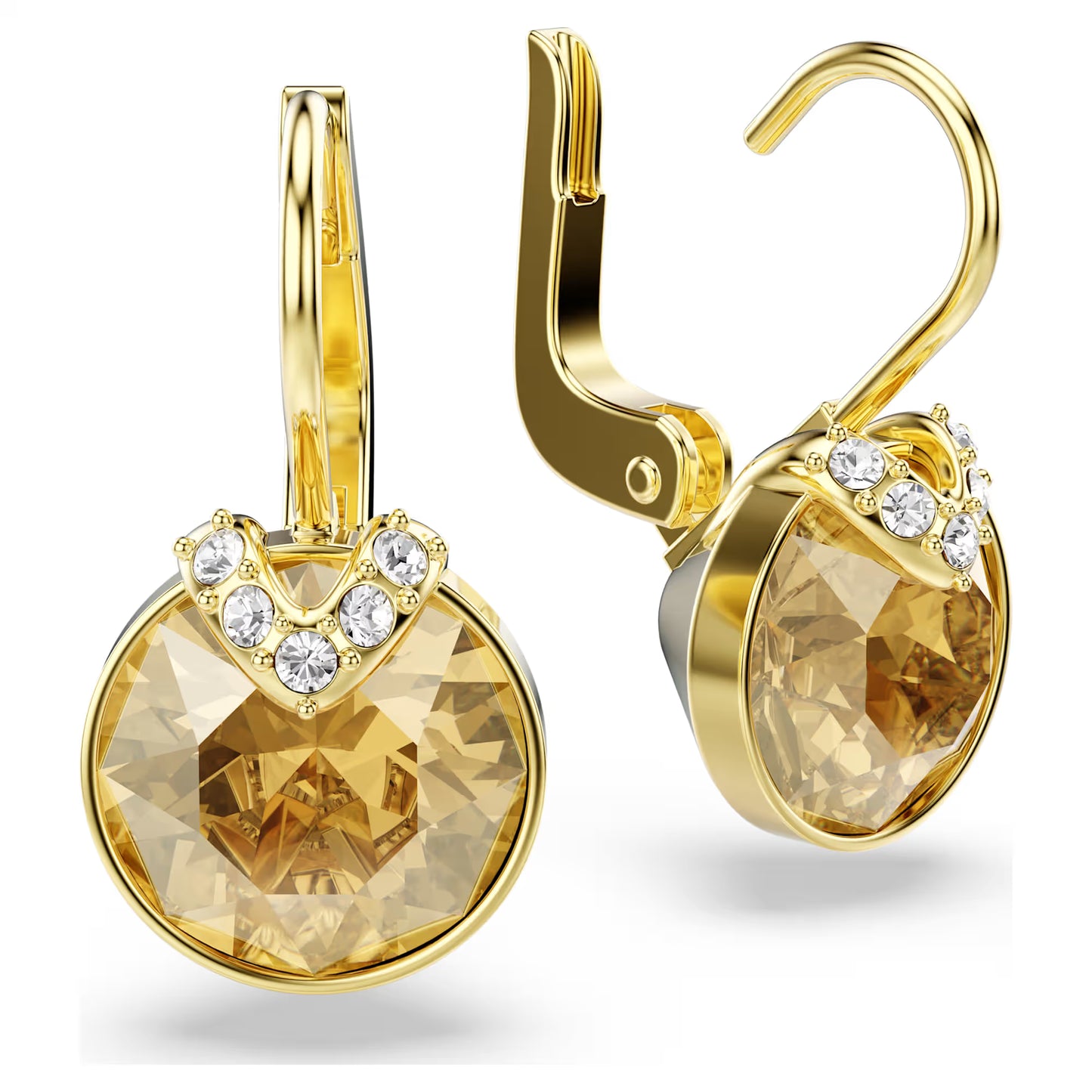Bella V drop earrings, Round cut, Gold tone