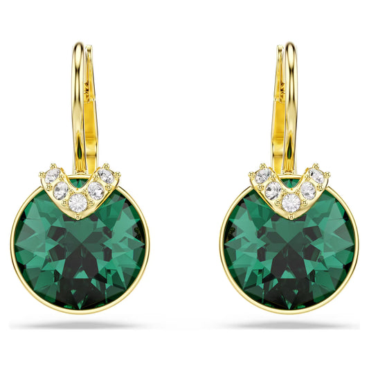 Bella V drop earrings, Round cut, Green, Gold-tone plated