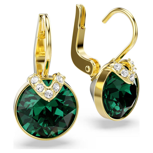Bella V drop earrings, Round cut, Green, Gold-tone plated