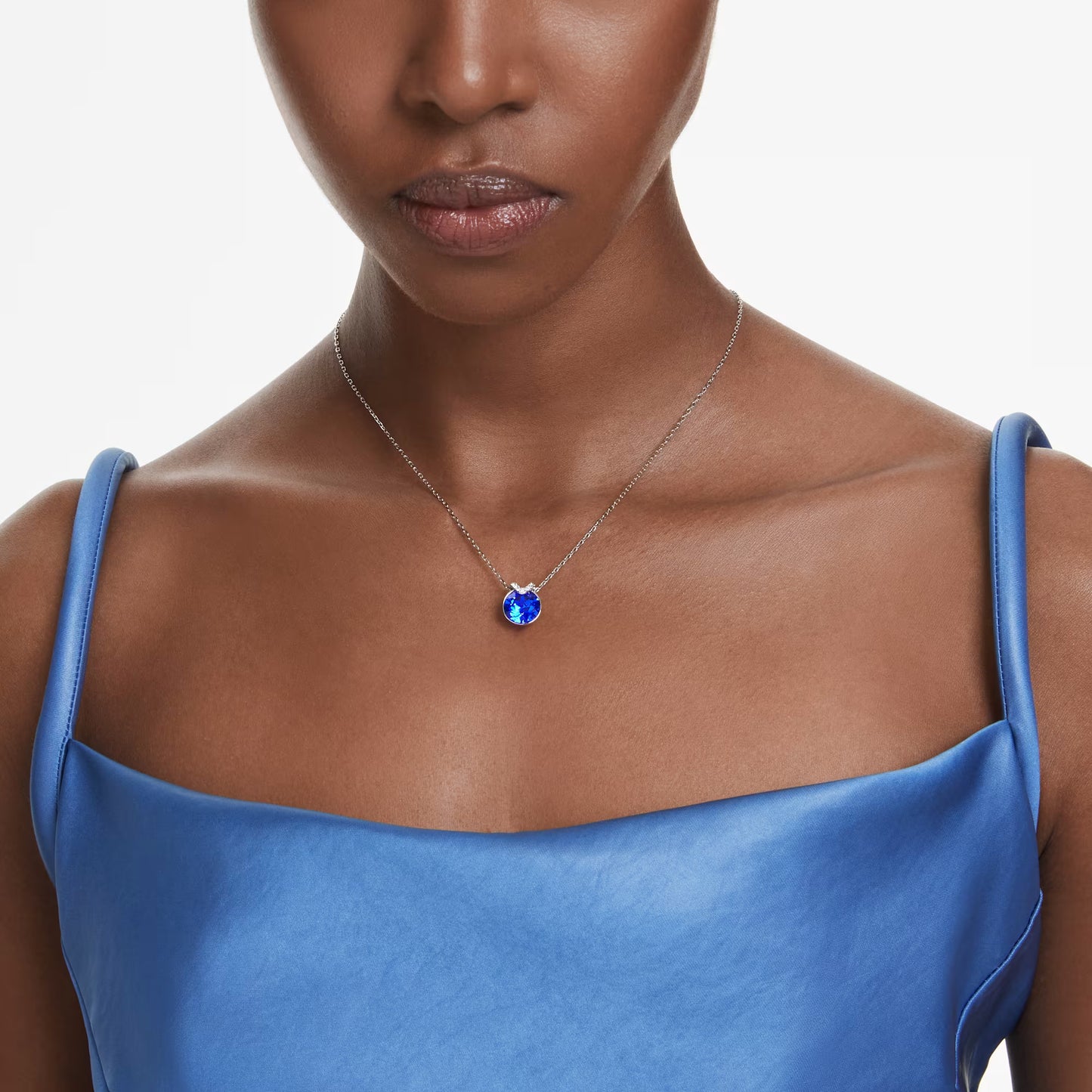 Bella V pendant, Round cut, Blue, Rhodium