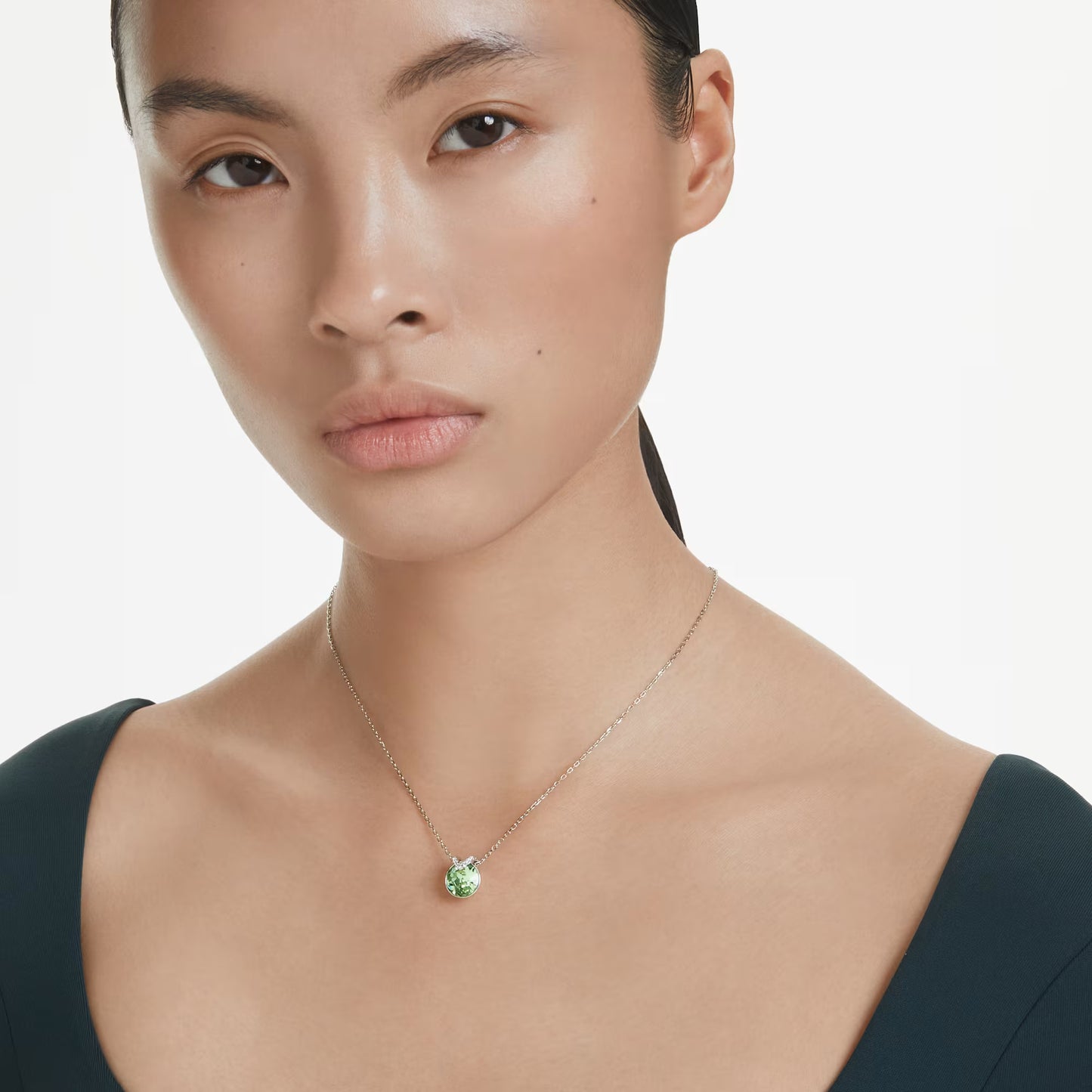 Bella V pendant, Round cut, Green, Rhodium plated