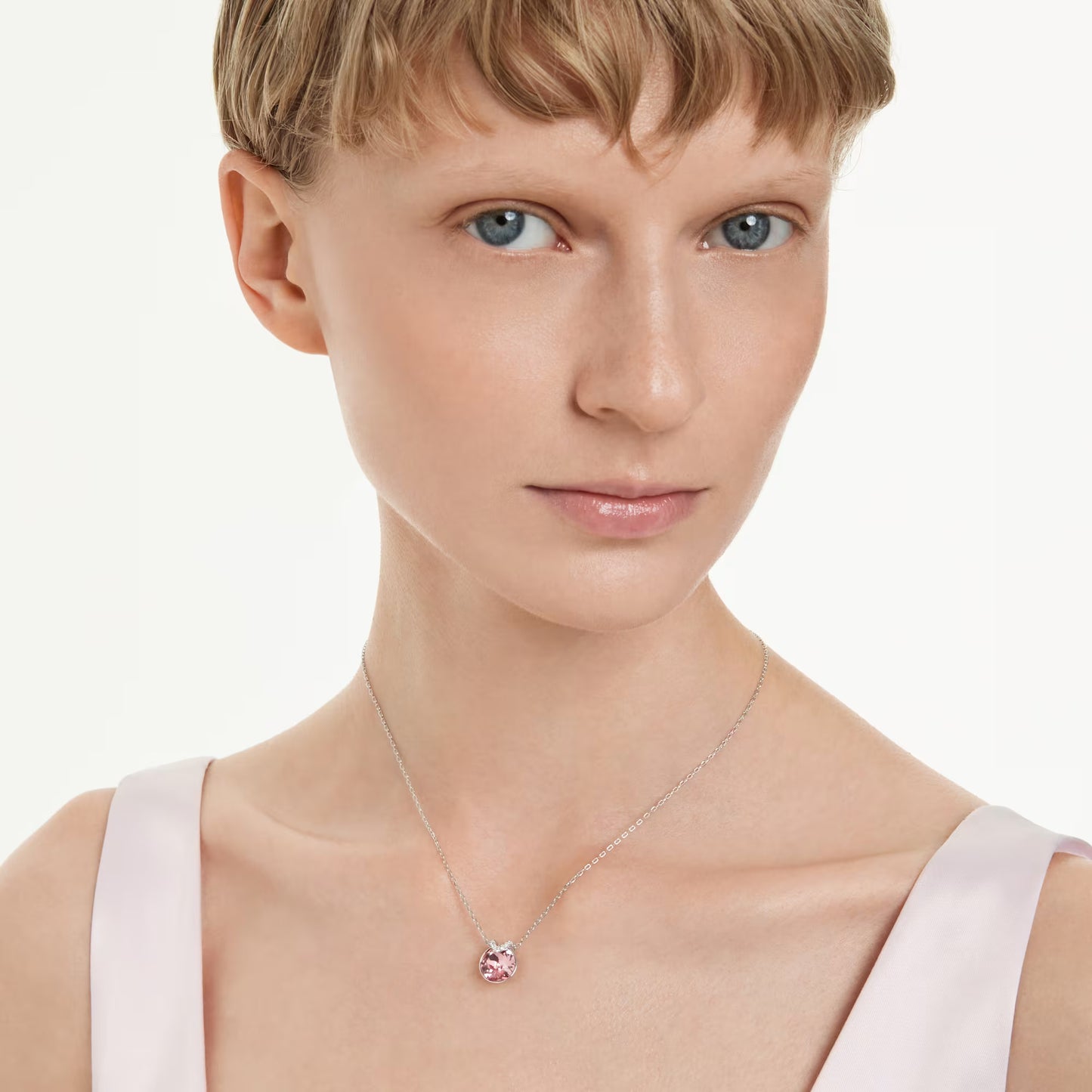 Bella V pendant, Round cut, Pink, Rhodium plated