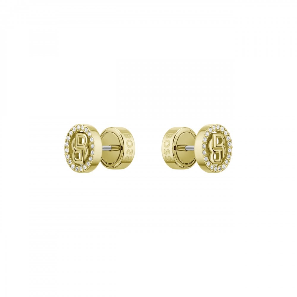 Gold-Tone Earrings with Double B Monogram and Crystal