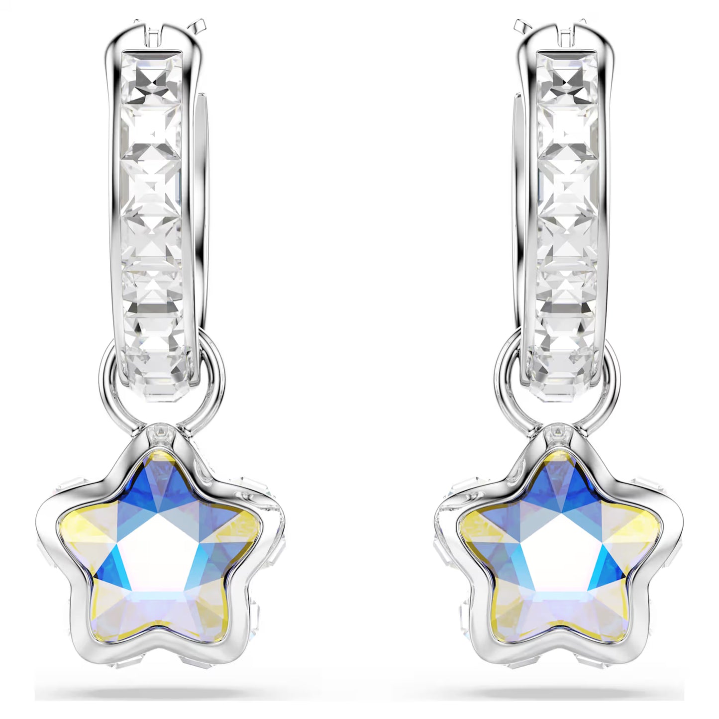 Chroma drop earrings, Mixed cuts, Star, White, Rhodium plated