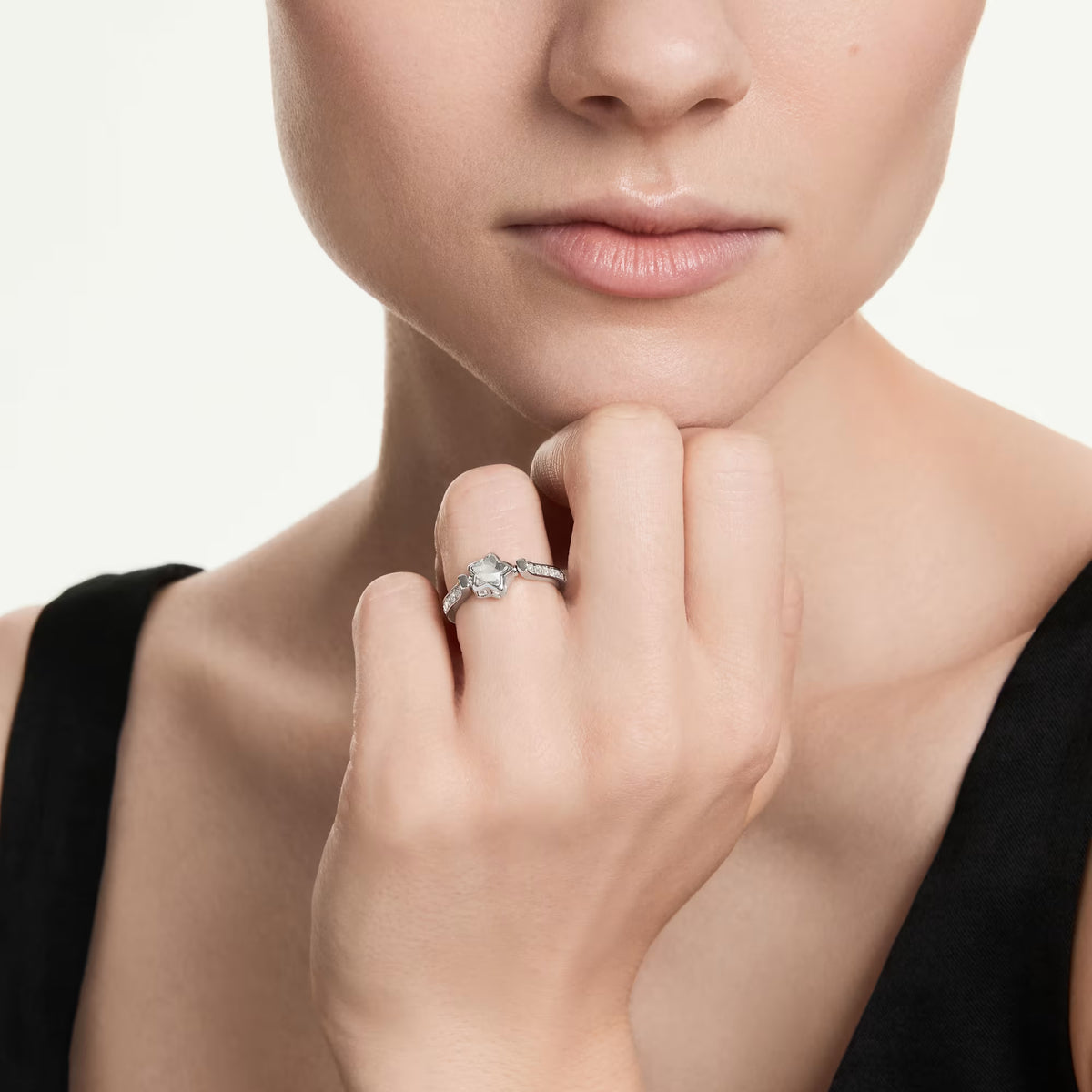 Chroma ring, Mixed cuts, Star, White, Rhodium plated