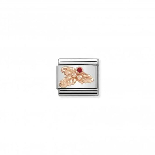 Classic Rose Gold Red Zirconia Holly Leaves Charm