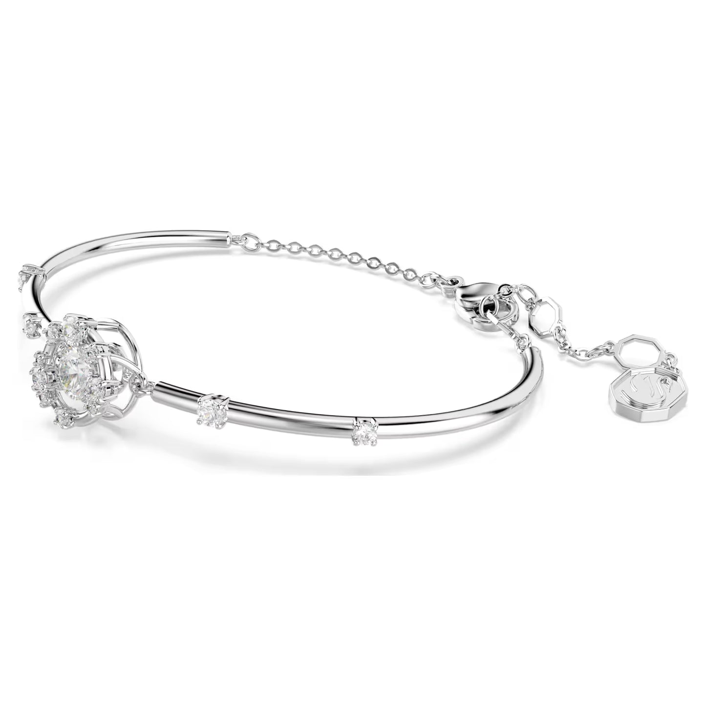 Constella bangle, Round cut, Dancing stone, White, Rhodium plated