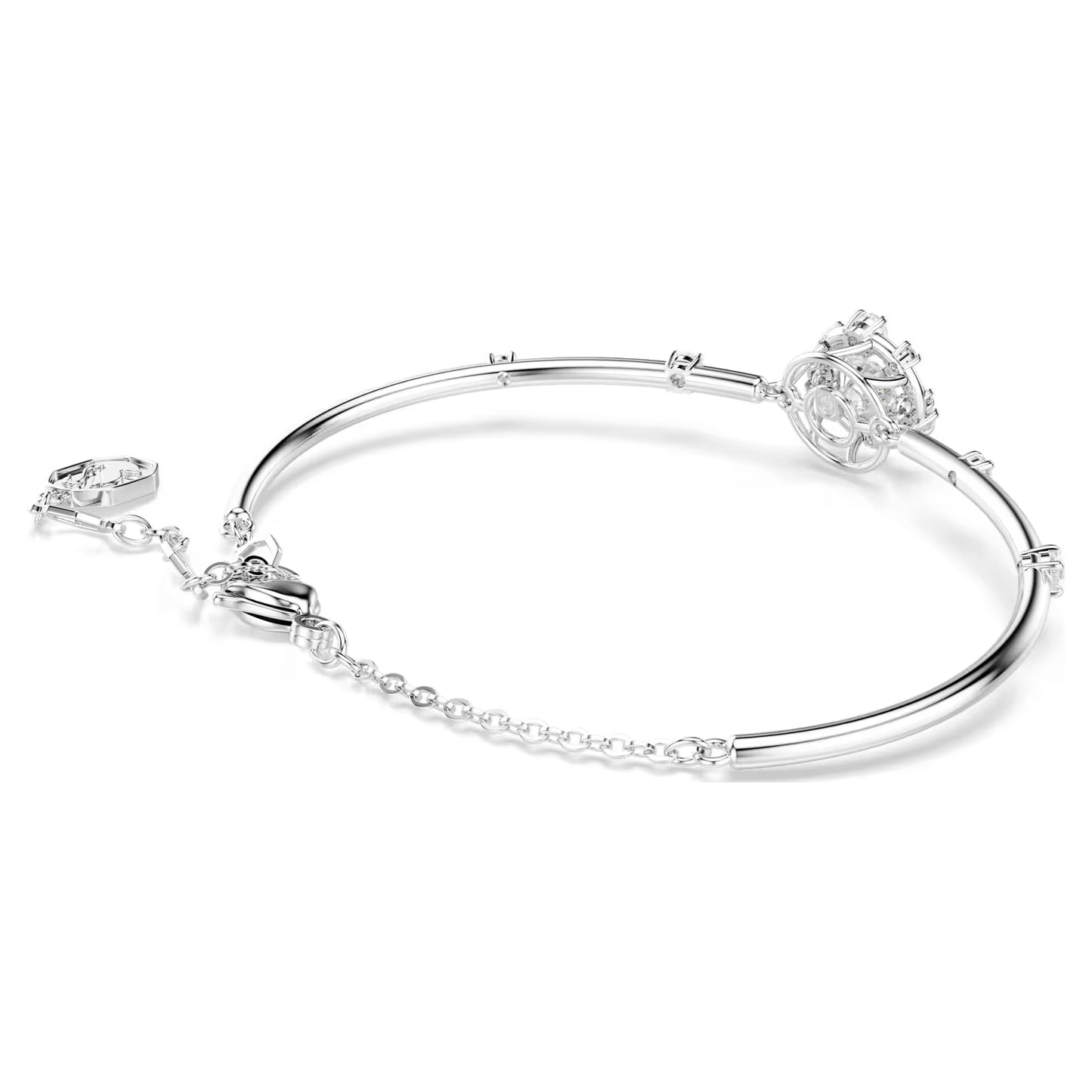 Constella bangle, Round cut, Dancing stone, White, Rhodium plated