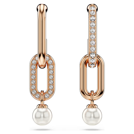 Constella drop earrings, Crystal pearl, Round cut, White, Rose gold-tone plated
