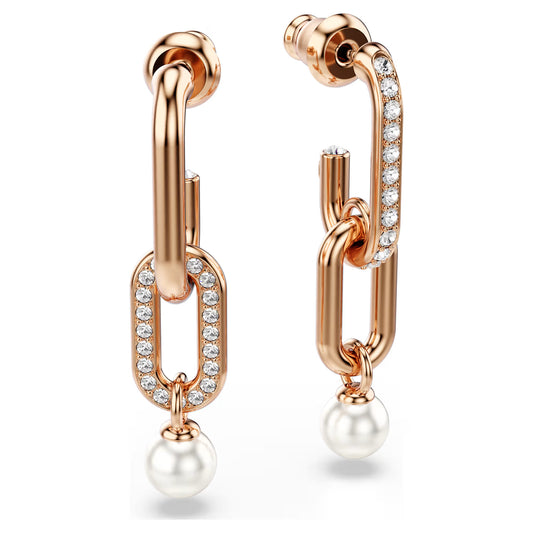 Constella drop earrings, Crystal pearl, Round cut, White, Rose gold-tone plated