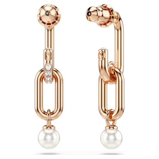 Constella drop earrings, Crystal pearl, Round cut, White, Rose gold-tone plated