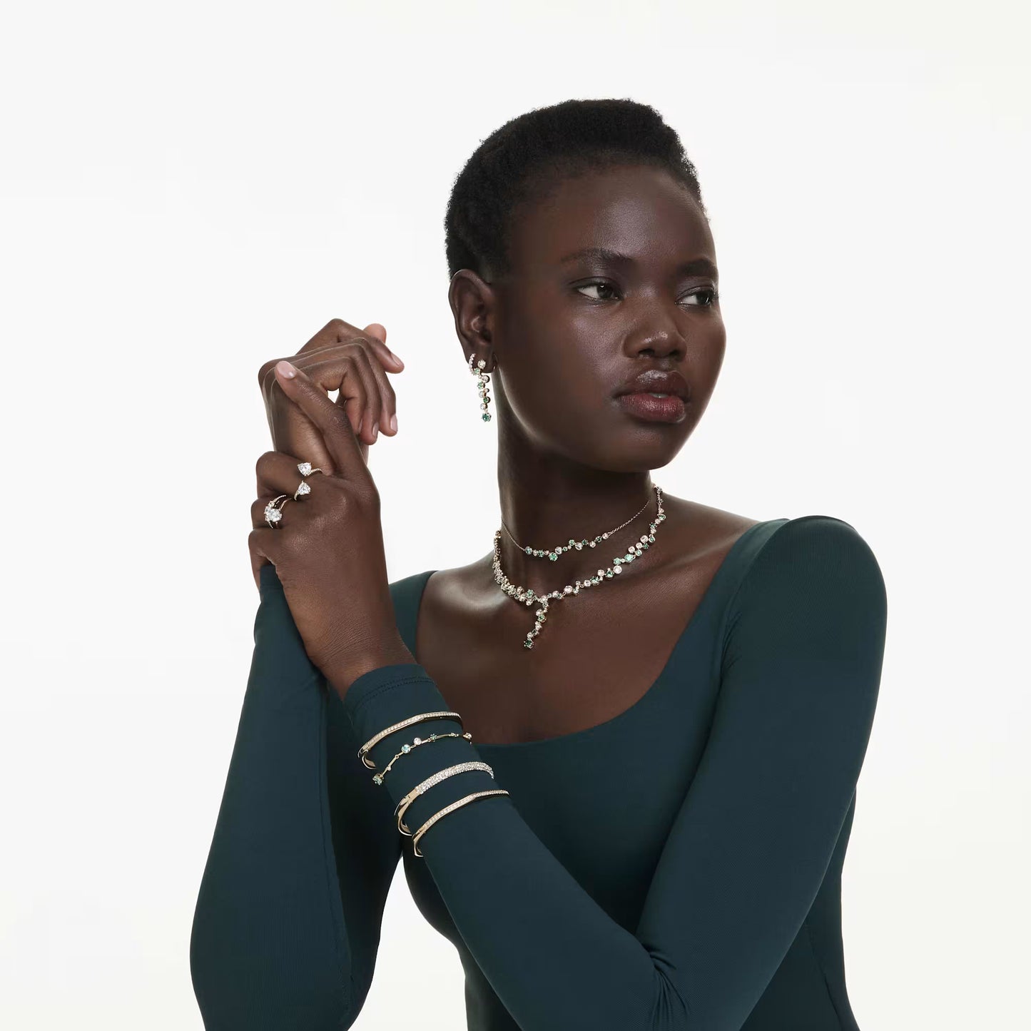 Constella drop earrings, Mixed cuts, Green, Gold-tone plated