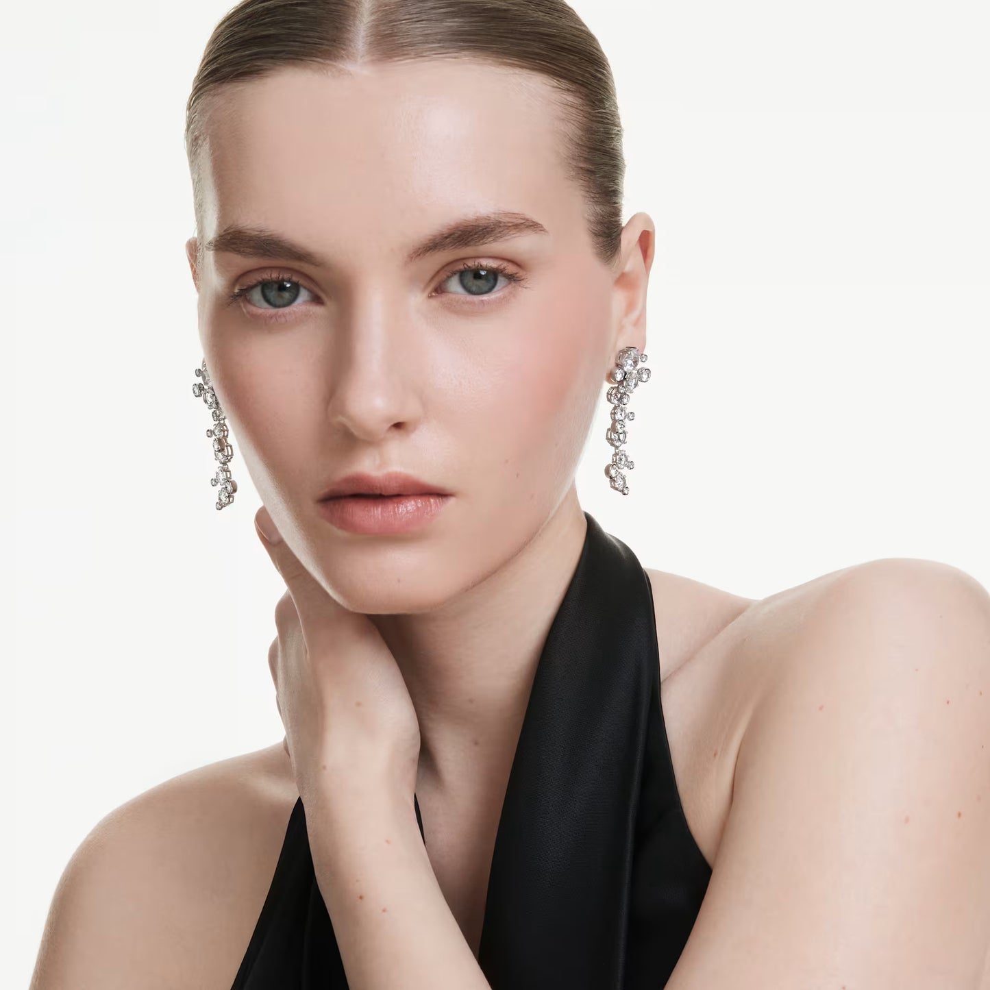Constella drop earrings, Mixed cuts, White, Rhodium plated