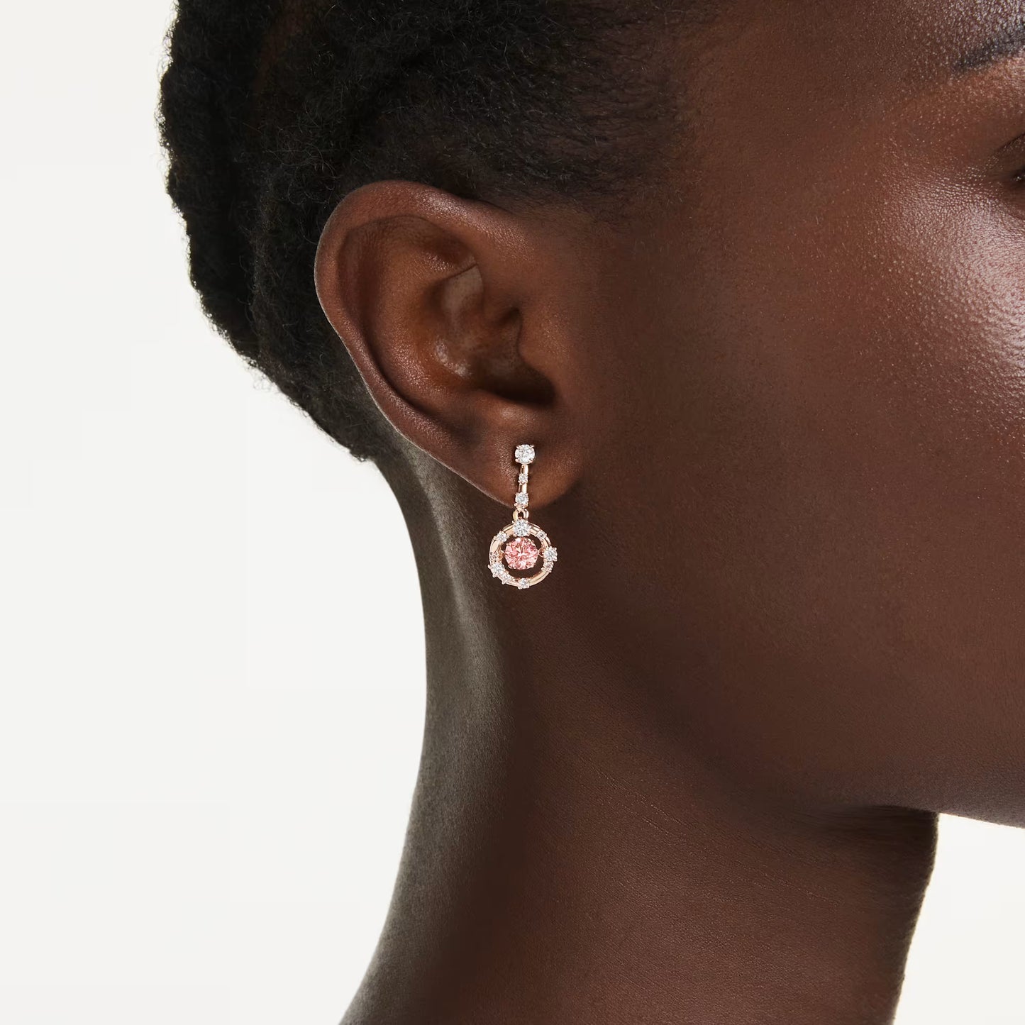 Constella drop earrings, Round cut, Dancing stone, Pink, 18K rose gold finish