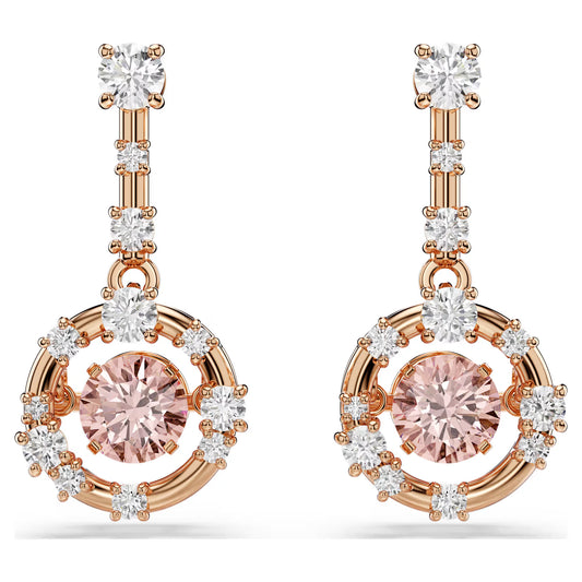 Constella drop earrings, Round cut, Dancing stone, Pink, 18K rose gold finish
