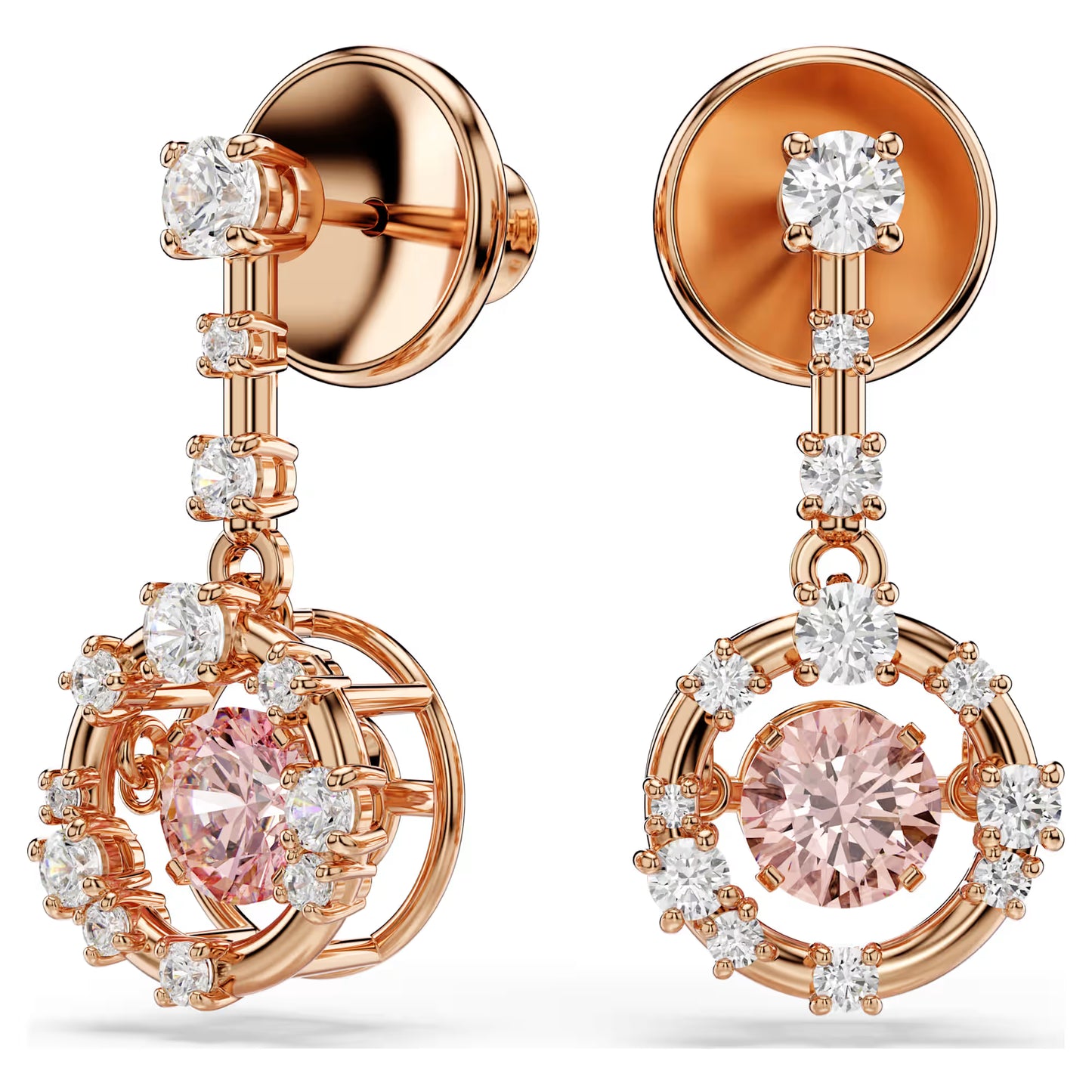 Constella drop earrings, Round cut, Dancing stone, Pink, 18K rose gold finish