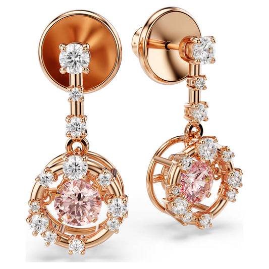 Constella drop earrings, Round cut, Dancing stone, Pink, 18K rose gold finish